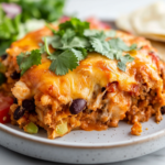 A close-up shot of a serving of cheesy taco hash brown casserole on a plate, placed on the white marble cooktop. The dish is topped with fresh cilantro and served alongside warm tortillas and a fresh salad, making it a comforting and satisfying meal, ready to enjoy.