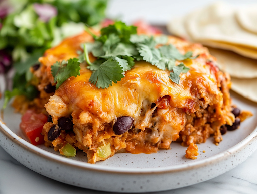 A close-up shot of a serving of cheesy taco hash brown casserole on a plate, placed on the white marble cooktop. The dish is topped with fresh cilantro and served alongside warm tortillas and a fresh salad, making it a comforting and satisfying meal, ready to enjoy.