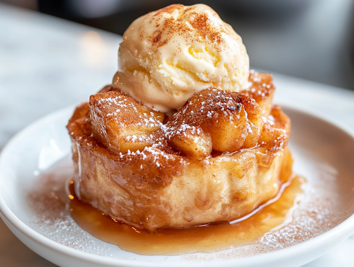 A freshly baked, golden-brown apple dessert resting on the white marble cooktop. The cinnamon-sugar topping glistens, while a scoop of melting vanilla ice cream sits on top, enhancing the warm, spiced flavors.
