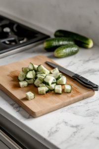 A close-up view of a wooden cutting board on a white marble cooktop, where freshly washed cucumbers are being cubed into small pieces. A sharp knife rests nearby, along with whole cucumbers, ready for preparation.