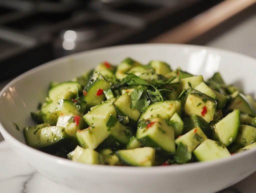 A close-up view of the finished cucumber avocado salad served in a white ceramic bowl on a white marble cooktop. The vibrant green colors of the cucumbers and avocados contrast beautifully with the fresh herbs sprinkled on top, making it ready to enjoy.