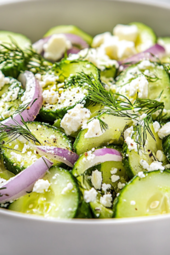 A close-up view of the finished cucumber, avocado, and feta salad served in a white ceramic bowl on a white marble cooktop. Fresh dill and crumbles of feta garnish the dish, adding a final touch of flavor and elegance.