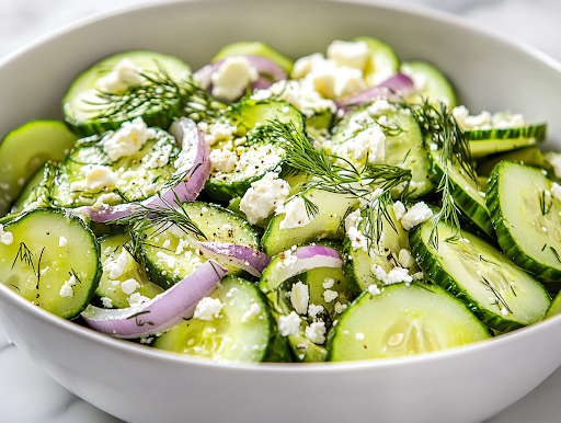A close-up view of the finished cucumber, avocado, and feta salad served in a white ceramic bowl on a white marble cooktop. Fresh dill and crumbles of feta garnish the dish, adding a final touch of flavor and elegance.