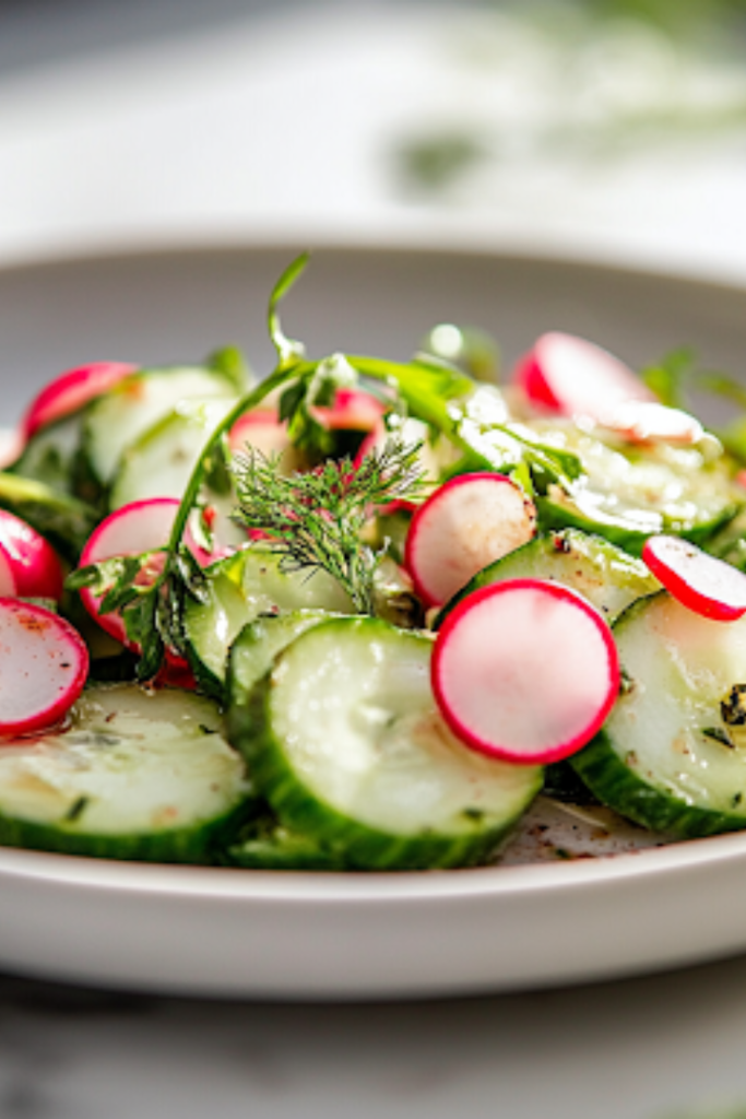 A close-up view of a serving plate on a white marble cooktop with the chilled cucumber and herb salad beautifully arranged. The fresh ingredients glisten under soft lighting, highlighting their vibrant colors and inviting presentation, ready to be enjoyed.