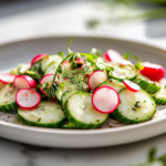 A close-up view of a serving plate on a white marble cooktop with the chilled cucumber and herb salad beautifully arranged. The fresh ingredients glisten under soft lighting, highlighting their vibrant colors and inviting presentation, ready to be enjoyed.