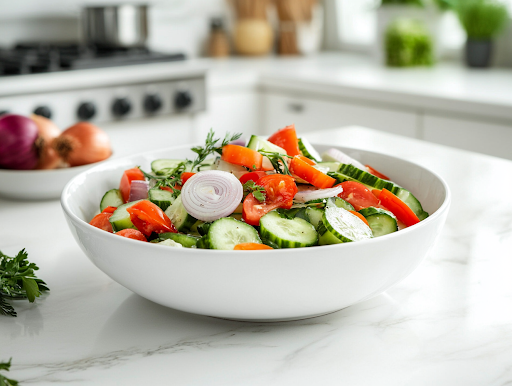 A close-up view of the sweet and tangy cucumber onion salad served in a white ceramic bowl on a white marble cooktop. The glossy, chilled vegetables glisten under soft lighting, ready to be enjoyed as a refreshing side dish.