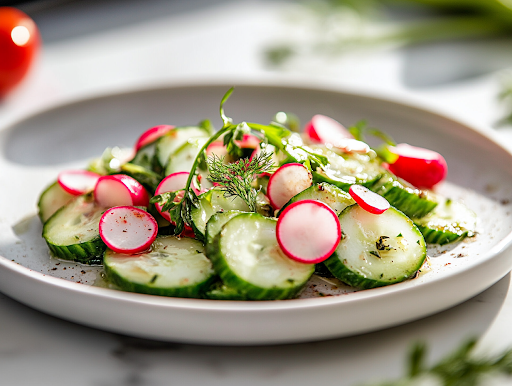 A close-up view of a serving plate on a white marble cooktop with the chilled cucumber and herb salad beautifully arranged. The fresh ingredients glisten under soft lighting, highlighting their vibrant colors and inviting presentation, ready to be enjoyed.