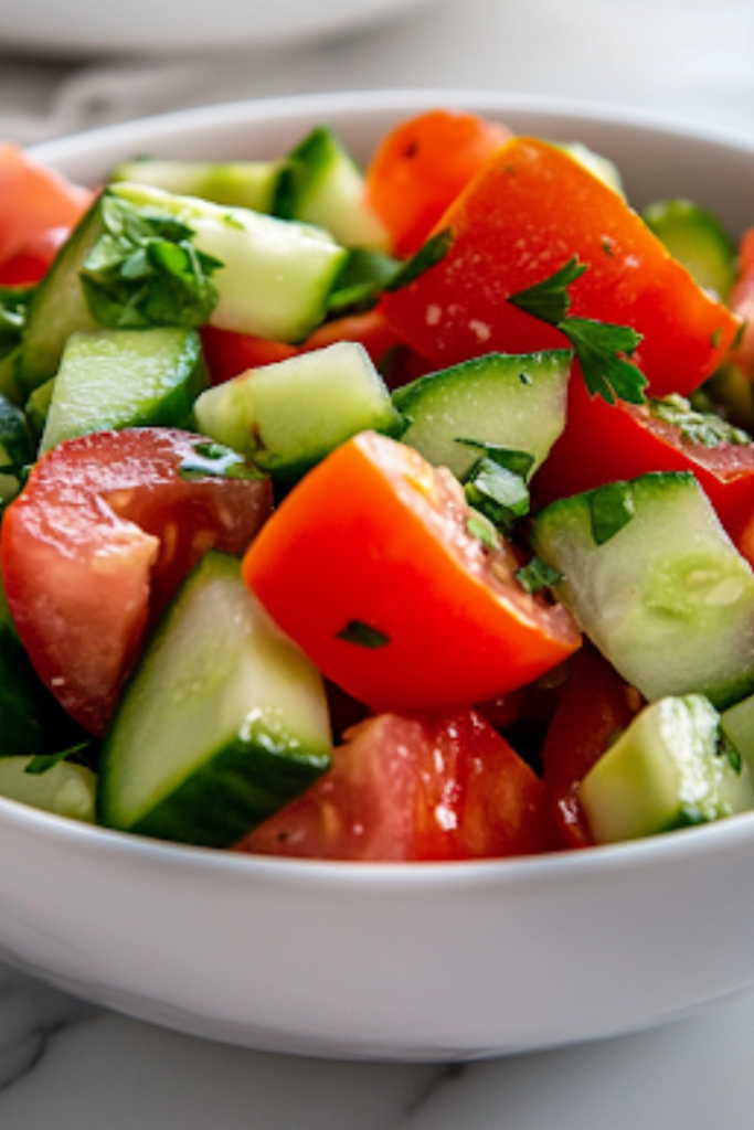 A close-up view of the fresh tomato cucumber salad served in a white ceramic bowl on a white marble cooktop. The vibrant red, green, and white colors shine under soft lighting, making it a refreshing dish ready to be enjoyed.