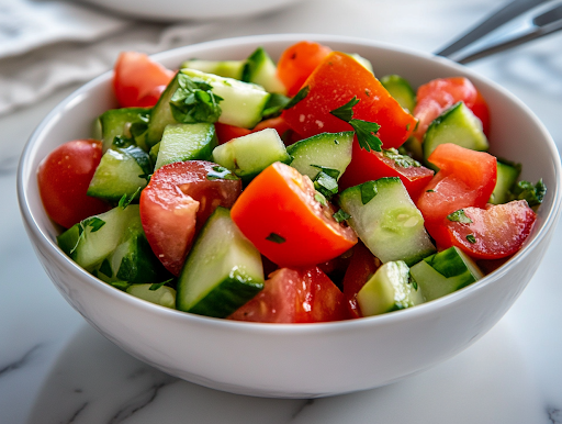 A close-up view of the fresh tomato cucumber salad served in a white ceramic bowl on a white marble cooktop. The vibrant red, green, and white colors shine under soft lighting, making it a refreshing dish ready to be enjoyed.