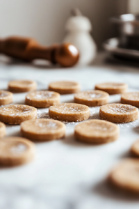 close-up of the dough rolled out to about 1 cm thickness on the white marble cooktop, with a round cookie cutter pressing into it. Several evenly shaped rounds are being cut, ready to be transferred to the baking sheet for the next step.