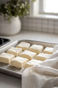 A close-up of a lightly floured surface on a white marble cooktop, where the risen dough has been rolled out and cut into even square pieces. A pastry cutter rests beside the dough, ready to shape the next set of rolls.