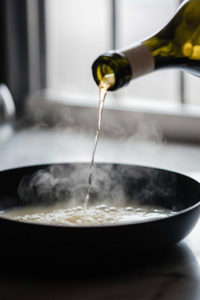 A black skillet on a white marble cooktop as white wine (or chicken broth) is poured in, deglazing the pan. The liquid simmers, lifting flavorful bits from the skillet while steam gently rises.