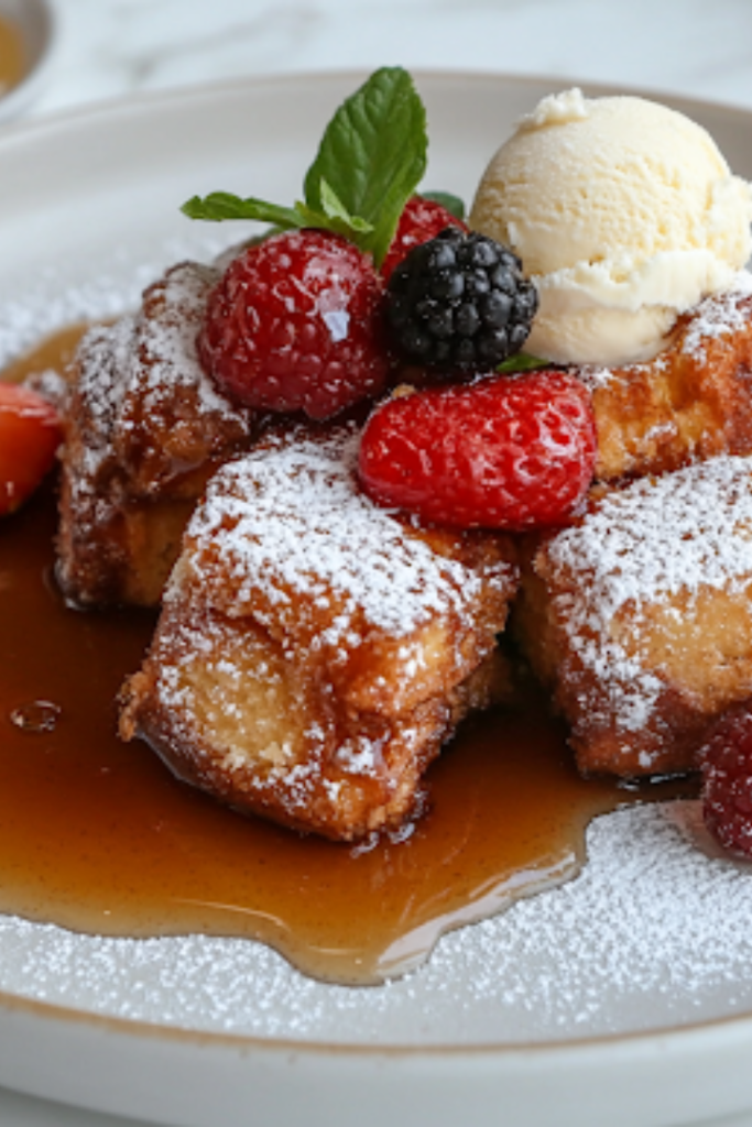A close-up of a beautifully arranged breakfast spread on a white marble cooktop. A plate of Hawaiian Roll French Toast Bites is drizzled with syrup, topped with fresh fruit, and lightly dusted with powdered sugar. A small dish of honey and a scoop of vanilla ice cream sit nearby, adding an extra touch of indulgence.