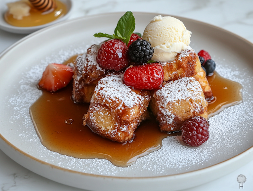 A close-up of a beautifully arranged breakfast spread on a white marble cooktop. A plate of Hawaiian Roll French Toast Bites is drizzled with syrup, topped with fresh fruit, and lightly dusted with powdered sugar. A small dish of honey and a scoop of vanilla ice cream sit nearby, adding an extra touch of indulgence.