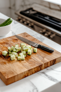 A close-up view of a wooden cutting board on a white marble cooktop as a peeled cucumber is being diced into small, uniform cubes. A sharp chef’s knife rests beside the freshly cut pieces, ready for further preparation.