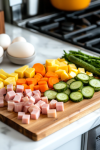 A close-up shot of a wooden cutting board on the white marble cooktop, neatly arranged with small cubes of diced ham, boiled potatoes, carrots, eggs, and pickles. A sharp chef’s knife rests beside them, ready for further preparation.