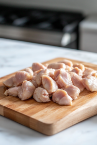 A close-up shot of a wooden cutting board placed on a white marble cooktop, where boneless, skinless chicken thighs are being diced into small, uniform 1/4-inch cubes using a sharp chef’s knife. The knife is in mid-action, highlighting the precision of the cut, with freshly diced chicken pieces neatly arranged on the board, ready for the next step in the recipe.