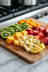 A close-up shot of a wooden cutting board on a white marble cooktop, where fresh kiwis, strawberries, apple, peach, and mango are being diced. A sharp knife is mid-action, slicing through a juicy red strawberry, with other diced fruits neatly arranged on the board, preparing them for the salad.