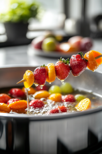 A close-up shot of a wooden skewer being dipped into the hot bubbling syrup on the white marble cooktop. The glossy, golden sugar coating clings evenly to the strawberries, grapes, and clementine segments, creating a smooth, translucent layer that hardens as it cools.