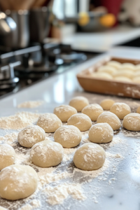 A close-up view of a lightly floured surface on the white marble cooktop with smooth, round dough balls neatly arranged. The dough is soft and ready to be rolled out into tortillas.