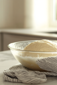 A close-up of a large glass bowl on a white marble cooktop, with smooth, freshly kneaded dough inside. The bowl is covered with a damp kitchen towel, allowing the dough to rise and double in size.