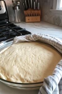 A close-up of a greased glass bowl on a white marble cooktop, with smooth pizza dough placed inside. A kitchen towel covers the top, allowing it to rest and rise for an hour until it doubles in size.