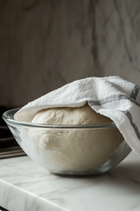 A close-up of bread dough placed in a greased glass bowl on a white marble cooktop, covered with a kitchen towel. The dough has risen significantly, doubling in size after an hour of resting.