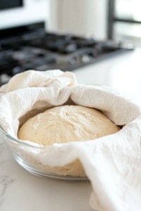 A close-up shot of the dough placed in a greased glass bowl on the white marble cooktop. A soft kitchen towel covers the bowl, allowing the dough to rest and rise until it doubles in size, ensuring a light and airy bread texture.
