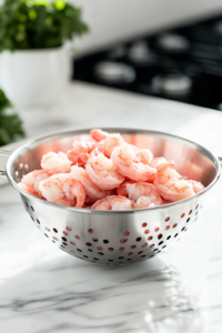 A stainless steel colander placed over the white marble cooktop, holding freshly boiled shrimp. The shrimp are pink and opaque, draining and cooling before being marinated.