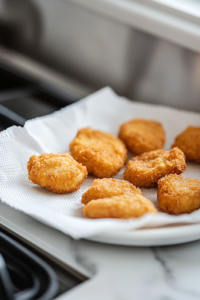 A close-up shot of a paper towel-lined plate on a white marble cooktop, where golden, crispy chicken patties are being transferred after frying. The patties glisten with a slight sheen of oil as they rest on the absorbent paper, allowing excess oil to drain off, ensuring a perfectly crispy and non-greasy texture.