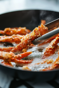 Crispy golden-brown fried crab legs being lifted out of the hot oil with metal tongs, allowing excess oil to drain over the pan. The black frying pan remains on the white marble cooktop, still glistening with hot oil.