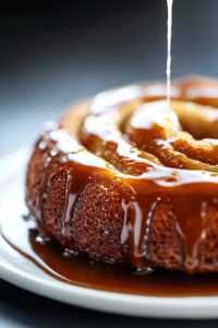 A close-up view of a warm cinnamon roll cake being drizzled with a rich vanilla glaze from a spoon. The glaze cascades down the cinnamon swirls, creating a glossy, sweet finish that enhances the cake’s soft and fluffy texture.