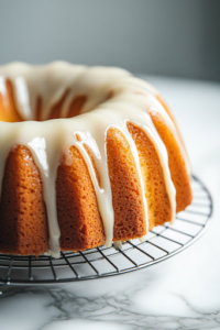 A close-up shot of a freshly baked golden Bundt cake resting on a wire rack over the white marble cooktop, as warm caramel glaze is drizzled over the top. The glaze cascades down the ridges, adding a sweet and glossy finish to the cake.