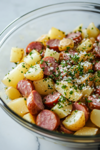 A close-up of a glass mixing bowl on a white marble cooktop, as golden olive oil is drizzled over the sliced potatoes and kielbasa. Minced garlic, sea salt, and dried parsley are sprinkled on top, adding rich flavors before tossing.