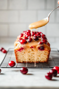 A close-up shot of the cooled cranberry orange loaf placed on a wire rack over the white marble cooktop, as a spoon drizzles a thick, glossy orange glaze over the top. The glaze cascades down the sides, adding a sweet and citrusy finishing touch.