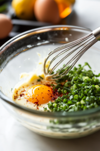A glass mixing bowl on a white marble cooktop, filled with egg, mayonnaise, minced green onions, lemon juice, dried tarragon, and red pepper flakes. A whisk is blending the ingredients into a smooth mixture, ensuring even consistency for the crab cakes.