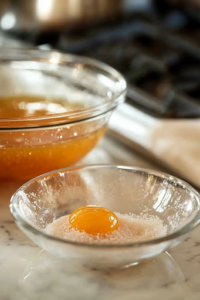 A glass mixing bowl on a white marble cooktop containing a whisked egg and water mixture, prepared for coating the shrimp. Beside it, another glass bowl holds a dry blend of cornstarch, salt, and pepper, evenly combined and ready for dredging.