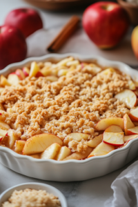 A close-up shot of a large 9×13-inch baking dish with the apple filling spread evenly inside. The apple slices are neatly layered, creating a uniform base for the crisp topping.