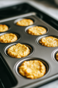 A close-up view of a mini muffin tin sitting on the white marble cooktop, with each cup being filled ¾ full with the sweet cornbread batter using a small cookie scoop. The batter spreads evenly inside the wells, ready to be baked into golden poppers.