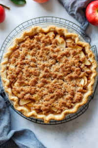 An overhead shot of a 9-inch pie crust in a dish, with the spiced apple filling spread evenly inside. The apple slices are layered beautifully, ready to be topped with the crumb mixture before baking.