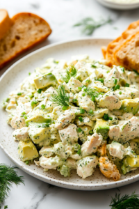 A close-up shot of a serving plate on a white marble cooktop, featuring the completed Avocado Chicken Salad. The dish is garnished with extra chives and dill, and crispy bread sits on the side, ready to be enjoyed.