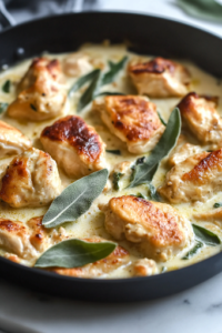 A close-up shot of a black skillet on a white marble cooktop, where the finished Mary Berry chicken casserole is ready to be served. The golden-brown chicken is coated in a rich, creamy sauce, beautifully garnished with crispy sage leaves, making it an irresistible comfort dish.