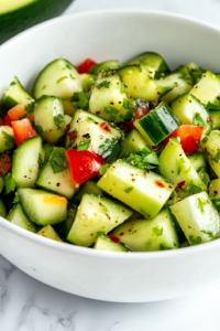 A close-up view of the finished cucumber avocado salad served in a white ceramic bowl on a white marble cooktop. The vibrant green colors of the cucumbers and avocados contrast beautifully with the fresh herbs sprinkled on top, making it ready to enjoy.