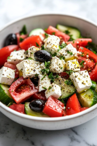 A close-up view of the finished Greek salad in a white ceramic bowl on a white marble cooktop, freshly dressed with the olive oil mixture. Crumbled feta cheese and glossy black olives garnish the dish, making it ready to serve and enjoy.
