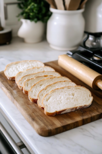 A close-up shot of a wooden cutting board on the white marble cooktop, with white bread slices rolled flat using a rolling pin. The bread looks evenly pressed, making it perfect for holding the creamy filling without breaking.