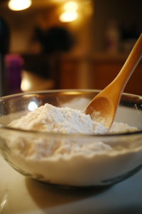 A close-up view of a large glass mixing bowl on a white marble cooktop, filled with all-purpose flour, baking powder, and salt. A wooden spoon rests inside, ready to mix the dry ingredients for the flour tortilla dough.