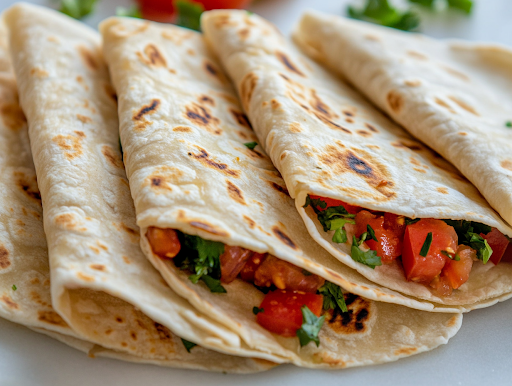 A close-up view of a warm, homemade flour tortilla being folded and filled with delicious ingredients. The tortilla is soft and fresh, making it perfect for serving.