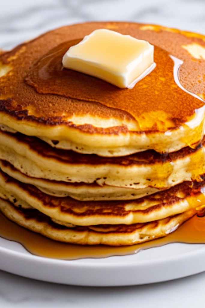 A close-up of a stack of fluffy buttermilk pancakes on a white plate, drizzled with rich maple syrup and topped with a pat of butter. The plate sits on the white marble cooktop, ready to be served and enjoyed.