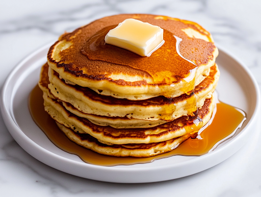 A close-up of a stack of fluffy buttermilk pancakes on a white plate, drizzled with rich maple syrup and topped with a pat of butter. The plate sits on the white marble cooktop, ready to be served and enjoyed.