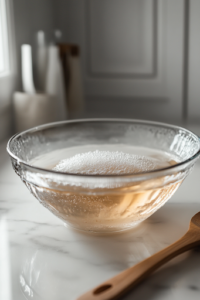 A close-up of a large glass mixing bowl on a white marble cooktop, filled with warm water and sugar. Active dry yeast is sprinkled on top, beginning to foam as it activates. A wooden spoon rests beside the bowl, ready for mixing.